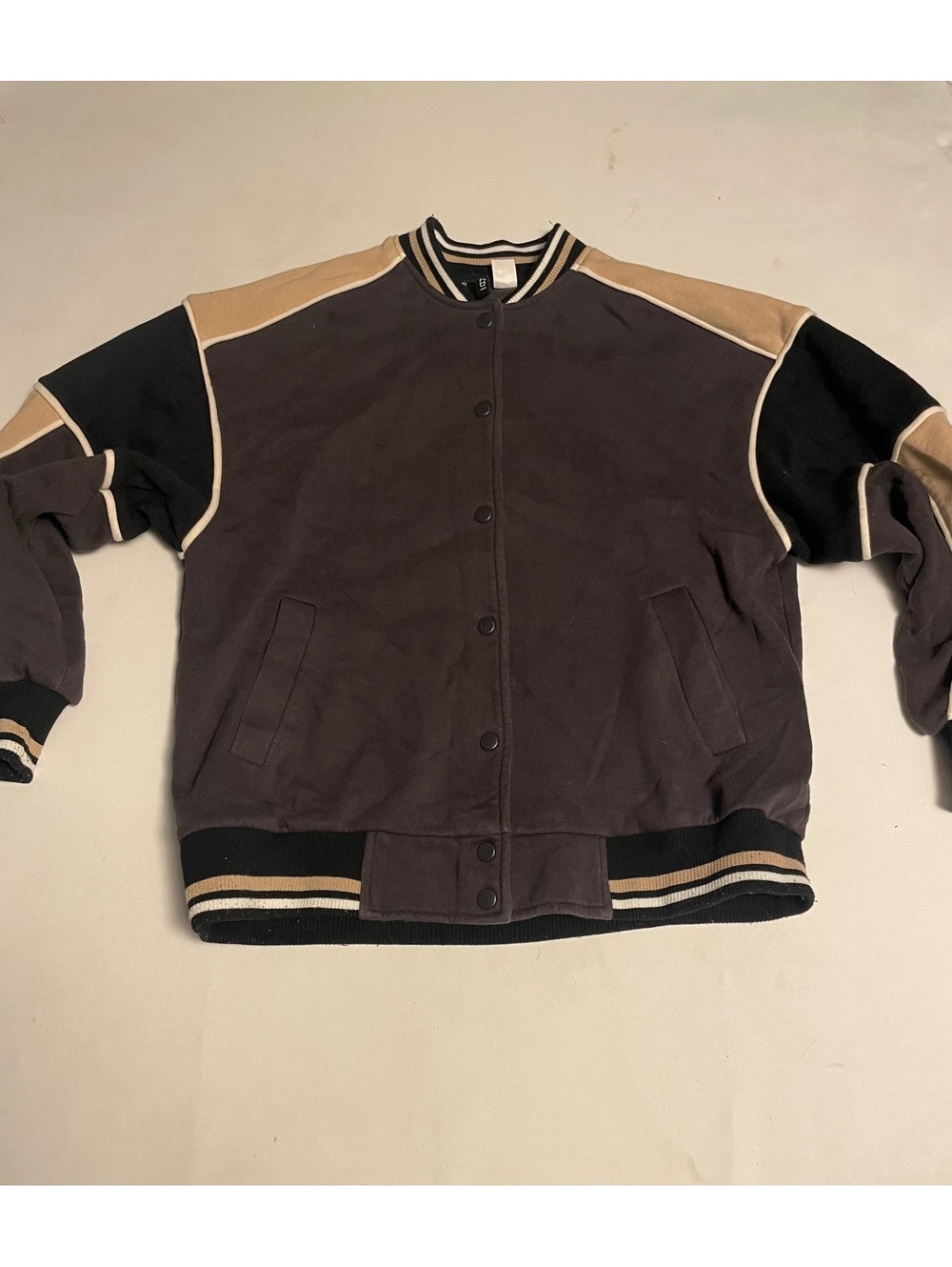 Divided Varsity Style Jacket in Black and Beige, Size XS